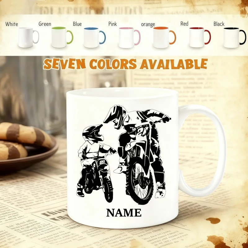 Customizable Father-Son Motocross Mug - Personalized Name Coffee Cup with Black and White Silhouette Design