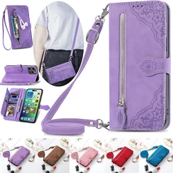 Crossbody Zipper Leather Wallet Card Pocket Case For iPhone 15 14 13 12 11 16 Pro Max Plus SE2022 X XR XS Lanyard Strap Cover