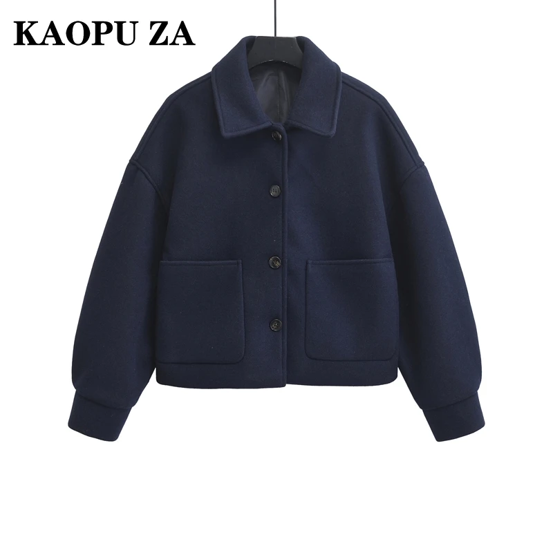 KAOPU ZA 2024 Autumn/Winter Woman Casual Solid Color Long Sleeve Jacket Female Vintage Single-breasted Turn-down Collar Coat Top