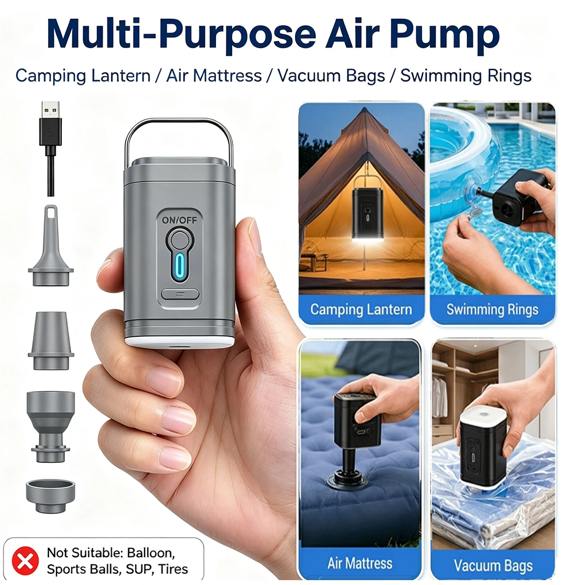 Multifunctional Electric Air Inflator Deflator Pump with Camping Light for Vacuum Storage Bags Air Mattress Swimming Ring Floats