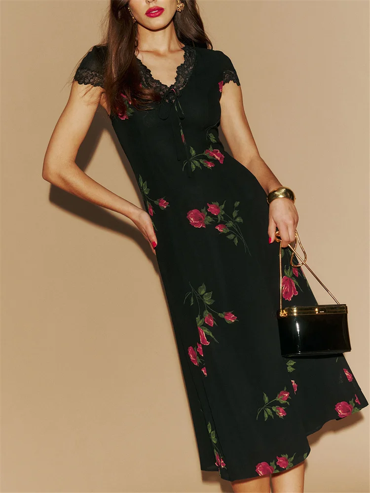 French Retro Lace Trim Midi Dress for Women V-neck Lace-up Elegant Slim Floral Printed High Waisted Short-sleeved Dresses 2024