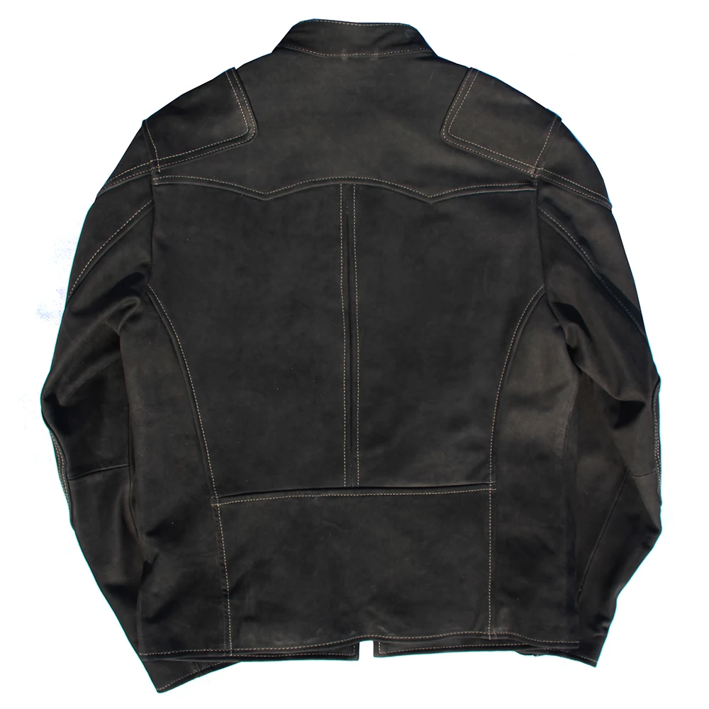 Veste en cuir de vachette véritable pour hommes, manteau de moto à fermeture éclair, col montant court, coupe couvertes, mode noire