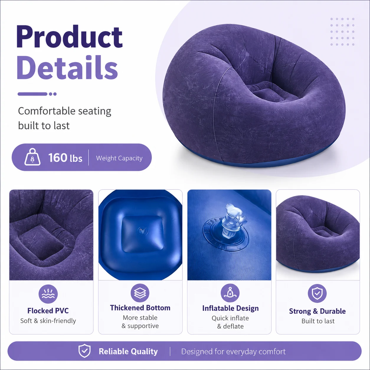 Inflatable Bean Bag Chair, Portable Lazy Sofa, Soft Blow Up Lounge Chair, Foldable Air Couch with Quick Inflate Pump, Durable PVC Seating for Home, Bedroom, Living Room, Reading & Relax, Space Saving, Easy Storage, Everyday Comfort, Indoor Outdoor