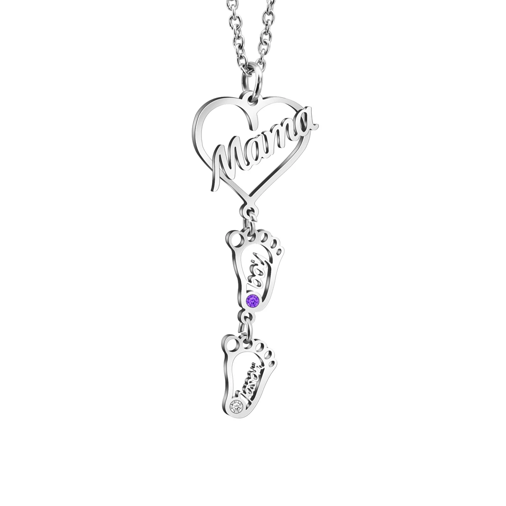 MYLONGINGCHARM Custom Name Feet Necklace Birthstone Mom Necklace Mothers Day Gift