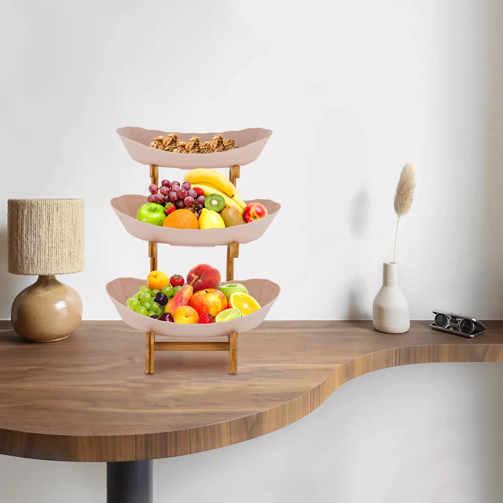 

3 Tier Serving Tray for Party, Display Fruit Dessert Tiered Tray Stand, Beige Platters with Collapsible Sturdier Gold Iron Rack