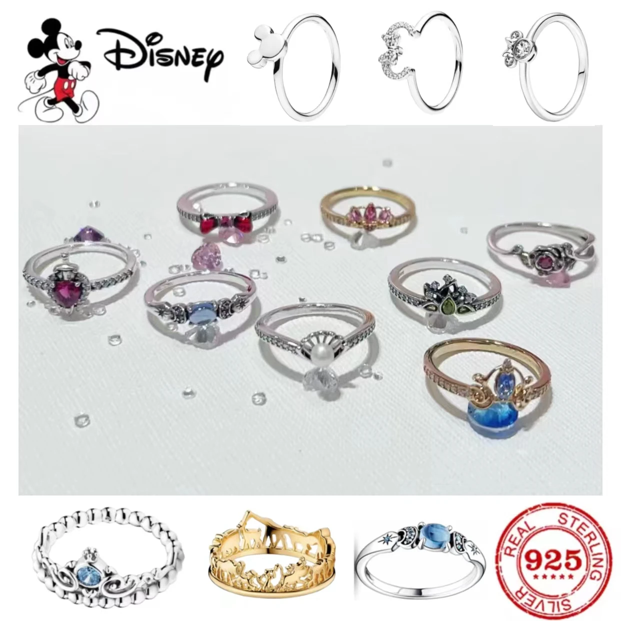 תכשיטי כסף סטרלינג 925% של דיסני עם טבעת מיקי מאוס לנשים בסגנון אופנה חדש, מתנת תכשיטים מקורית ליום האהבה לזוגות