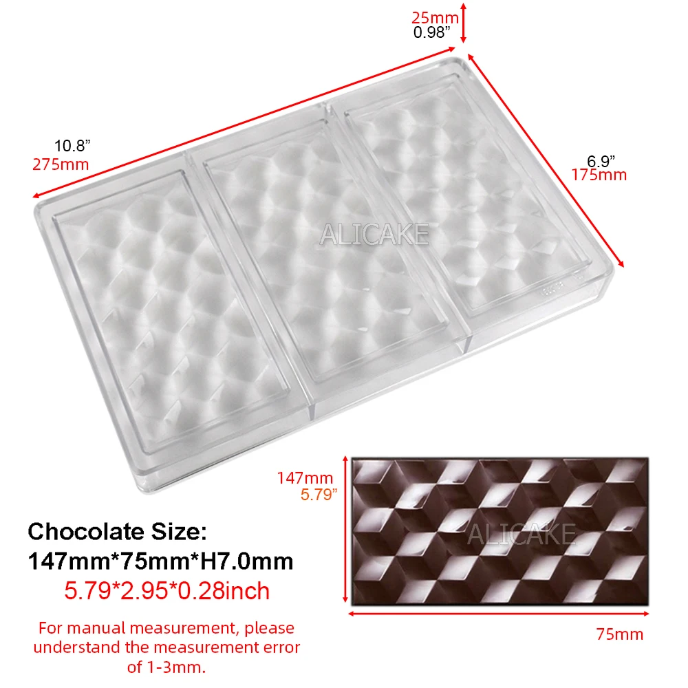 Chocolate Mold Polycarbonate Diamond Bar Shape Candy Bonbons Mould 3 Cavity Confectionery Baking Pastry Tools 5.75*2.87*0.24inch