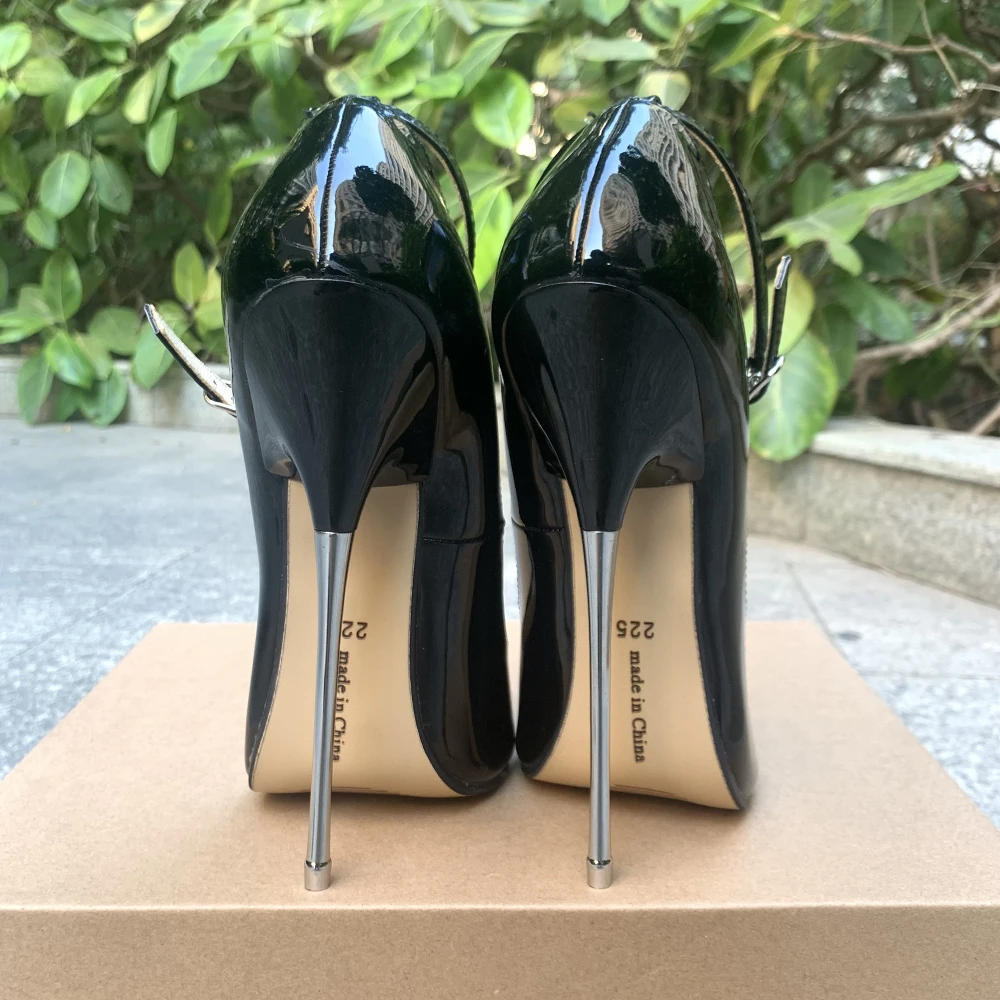 Super High Heels 16cm Stilettos Sexy Women Solid Black Dress Shoes Pumps Ankle Strap Fetish Party Unisex Man Shoes