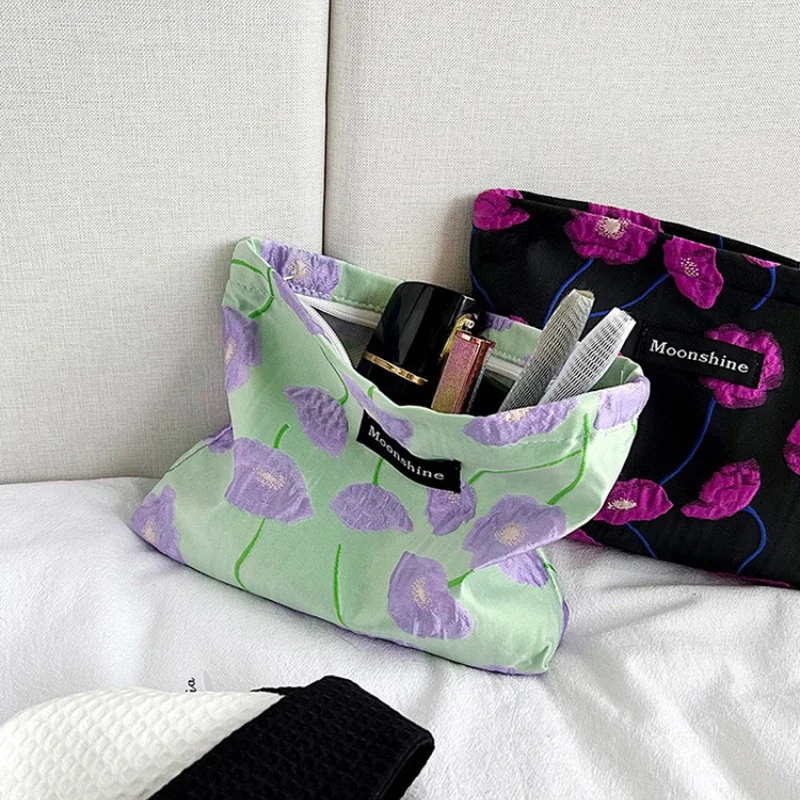 New Fashion Color-Match Floral Jacquard Cosmetic Bag Travel Makeup Pouch Skincare Toiletry Organizer Clutch Wash Bag Pencil Bag