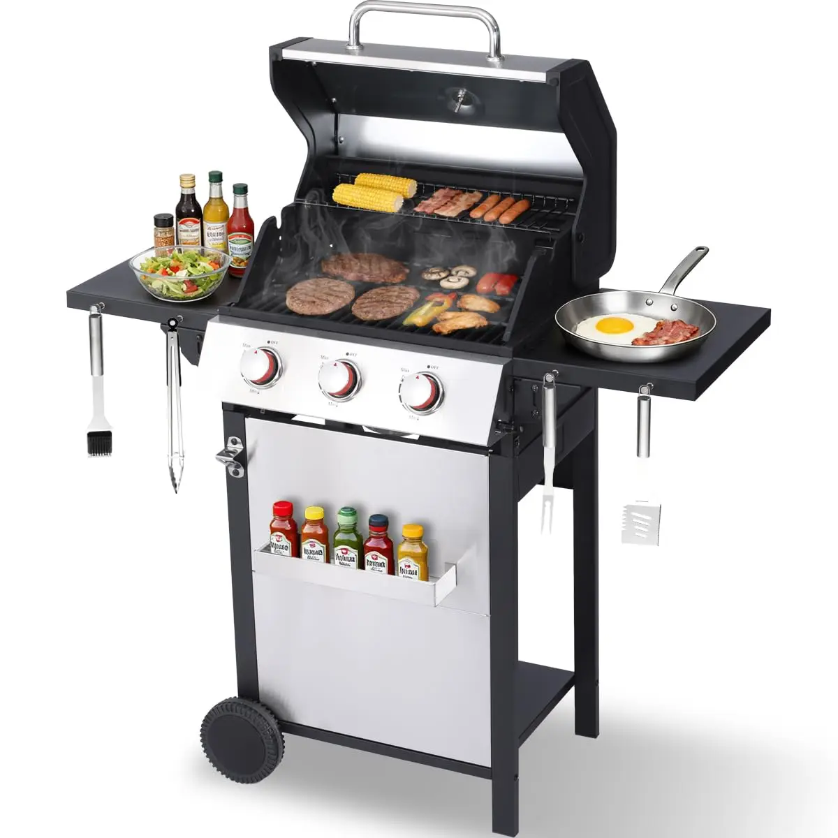 CIG GARDEN 3-Burner Propane Gas Grill with Foldable Side Tables - Stainless Steel BBQ Grill with Cast Iron Grates,, Customized