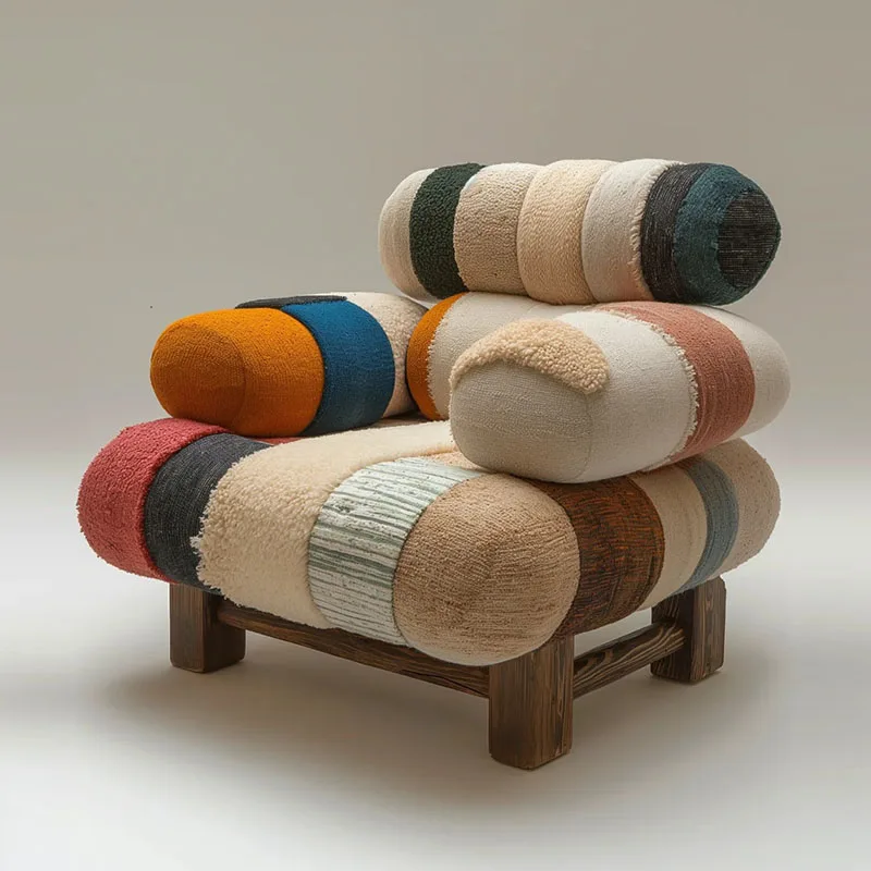 Nordic Style Solid Wood Leisure Sofa Chair for Small Apartment Modern Patchwork Design Fabric Upholstered Chair for Living Room