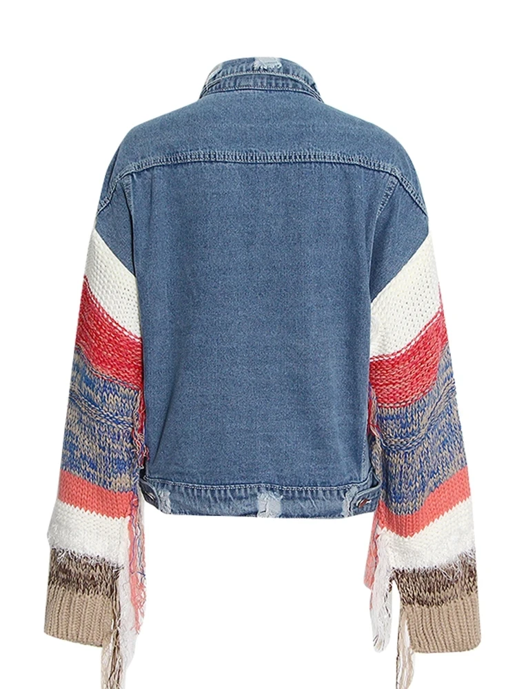 ROMISS Patchwork Knitted Denim Coats For Women Lapel Long Sleeve Hit Color Tassel Jackets Female Clothing Fashion Autumn 2024