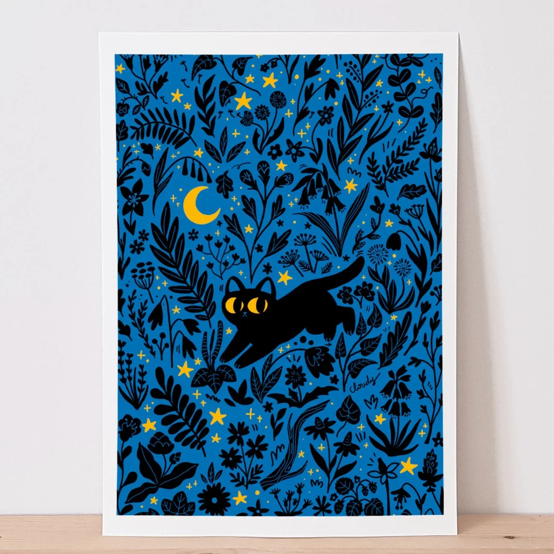 Kunstdruck mit schwarzer Katze „Summer Night“ – niedliche Katze mit Pflanzen, Wanddekoration für Haus und Garten, ideales Geschenk für Katzenliebhaber