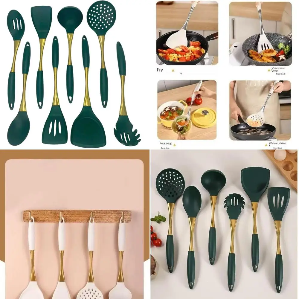 

Набор кухонной утвари из нержавеющей стали с золотой ручкой, 8 предметов, лопаточки, ковш, ложки, идеально подходит для посуды с антипригарным покрытием (зеленый и золотой)