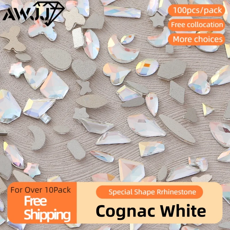 100pcs/pack Cognac White Mixed Shapes Self-Adhesive Fashion Trend  Precision Cutting Nail Art Rhinestones Eco-Friendly & Safe