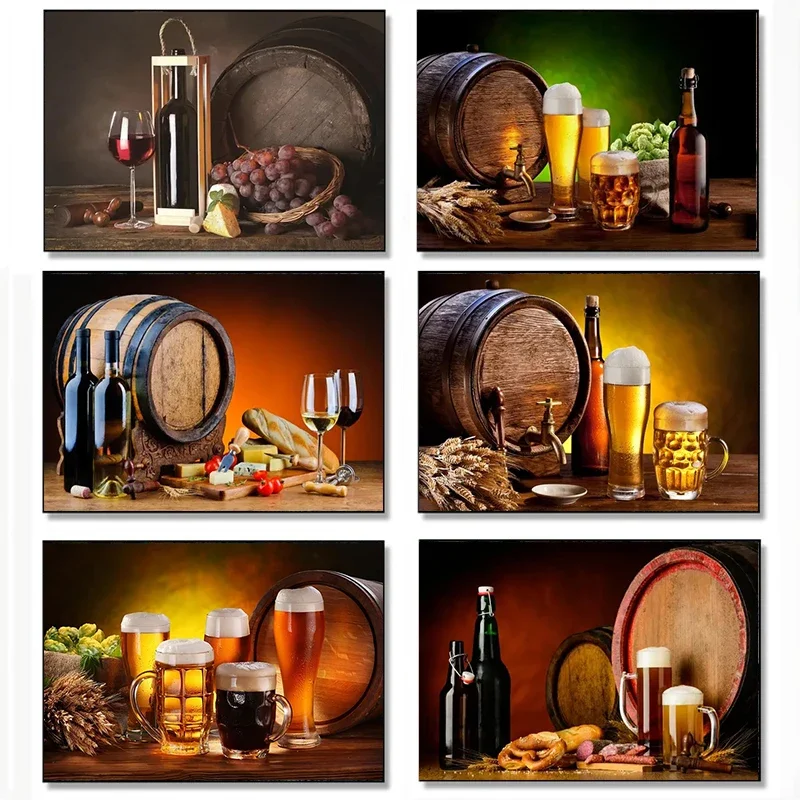 Pintura en lienzo para Decoración de cocina, póster nórdico para Bar, vino tinto, uva, botella de cerveza, imágenes de pared, decoración para sala de estar