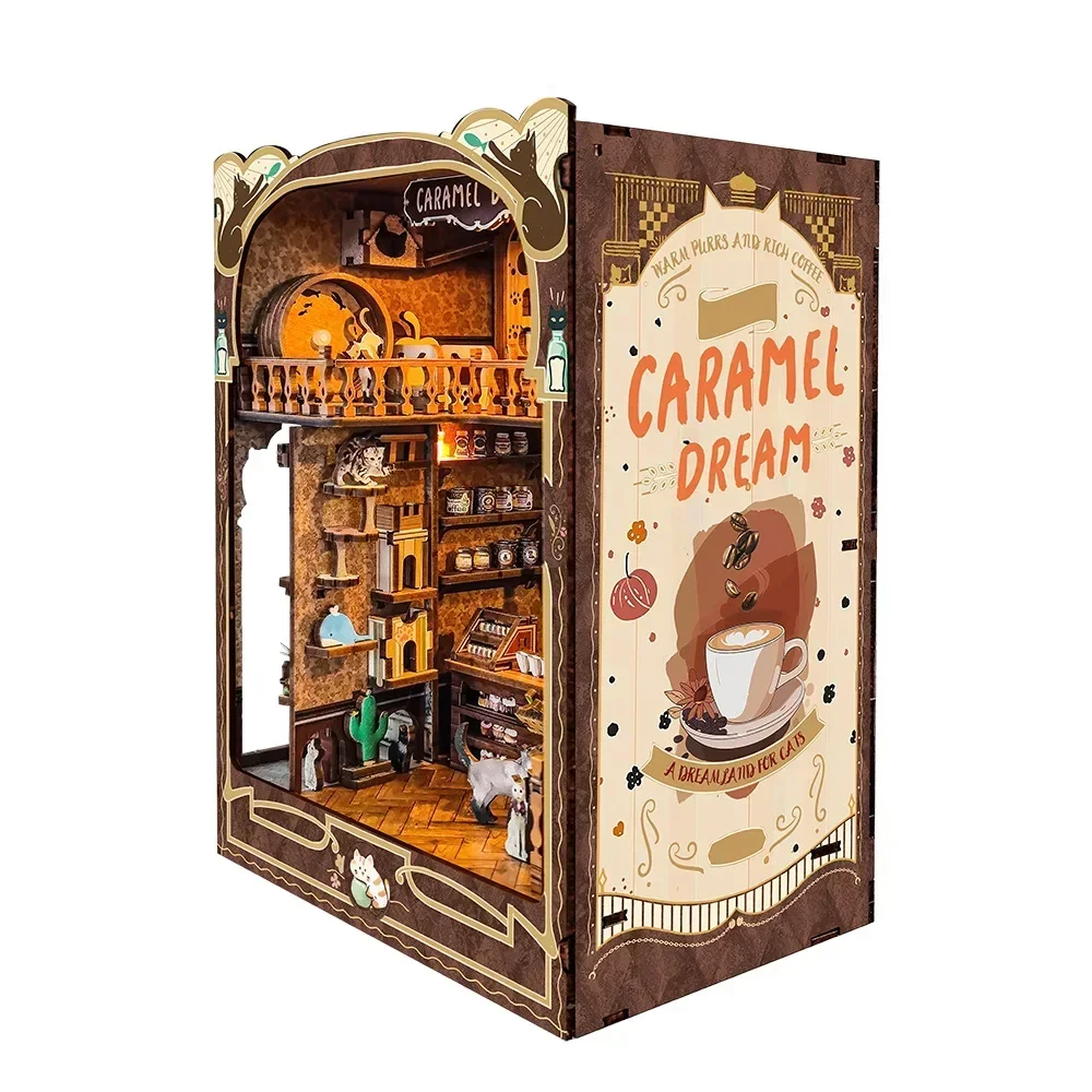 

Caramel Dream Cottage Book Nook Shelf DIY Wooden Insert Miniature Model Kits With Light Bookshelf Bookend Friends Birthday Gifts