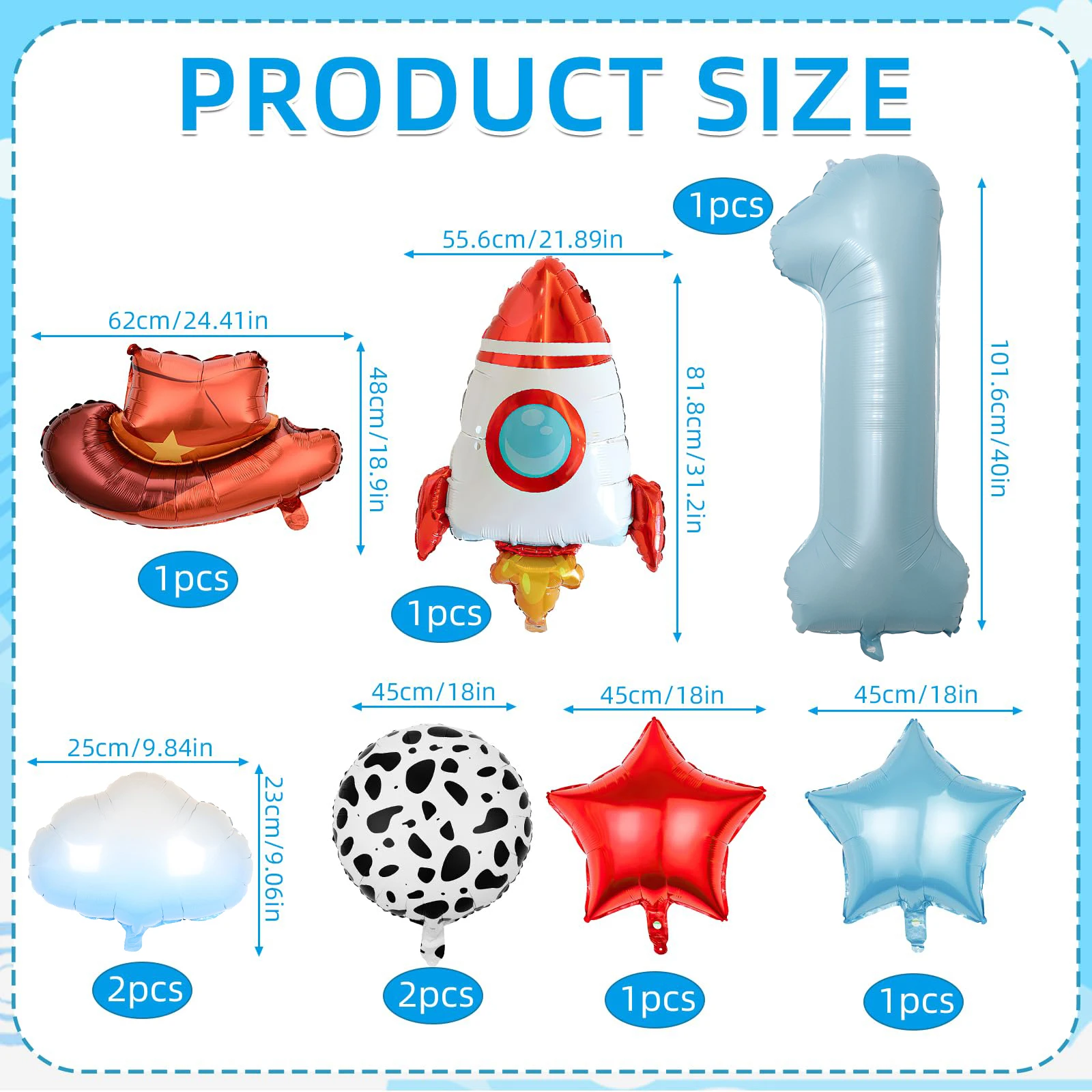 Cloud Rocket Cowboy Hat Balloon Set Digital Numbers for Birthday Western Party Baby Shower Christening Wedding Celebration
