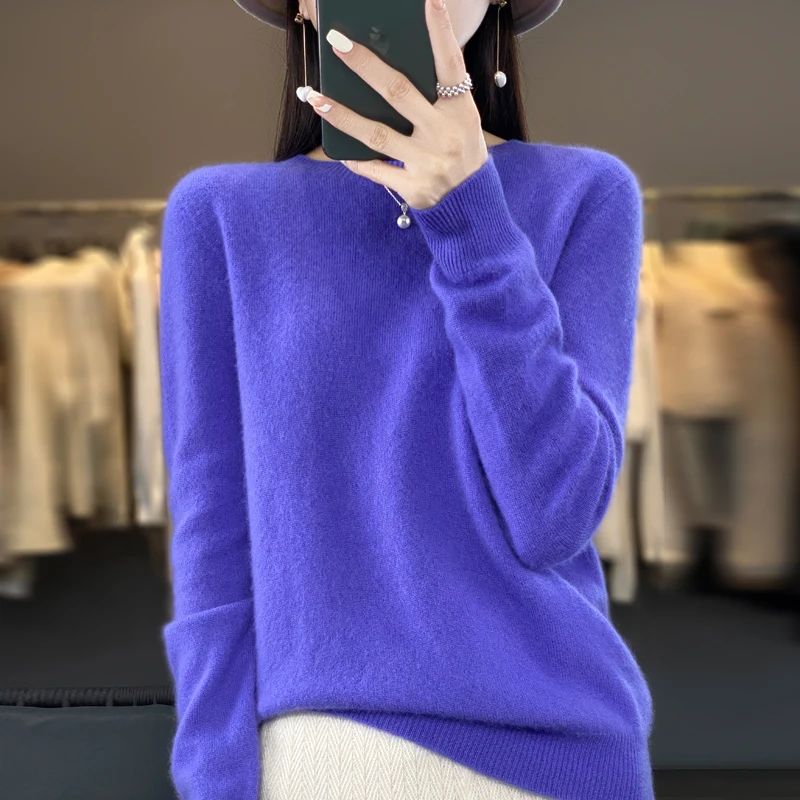 Autunno e inverno nuovo 100% pura lana femminile o-collo maglione di colore solido manica lunga camicia di fondo in cashmere lavorato a maglia sciolto