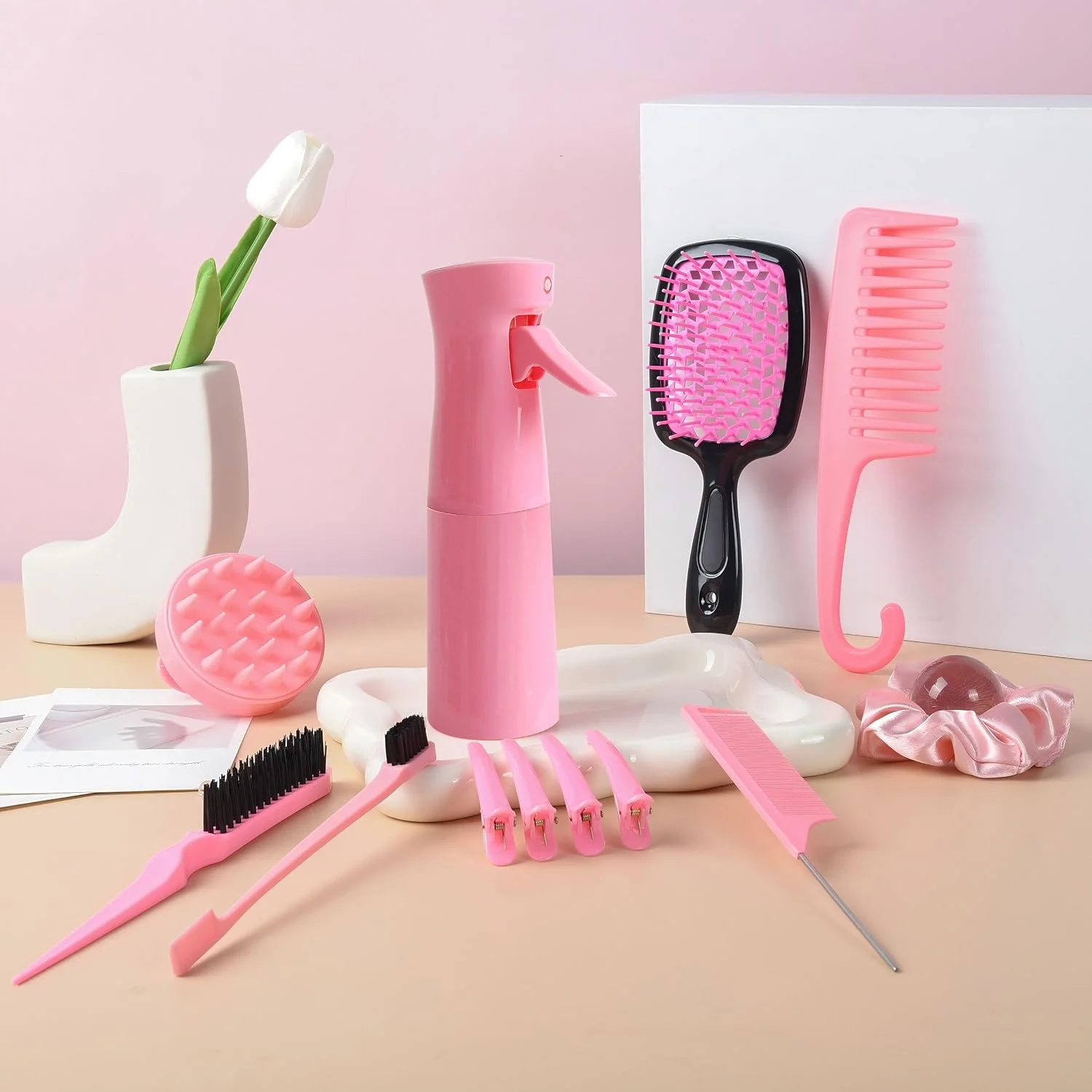 6/12-teiliges Haarbürsten-Set für Kleinkinder und Frauen, zum Entwirren, mit breiten Zinken, Haarsprayflasche, für nasses und trockenes, lockiges Haar, Bürsten für die Haaransätze und den Hinterkopf. – Detail 10