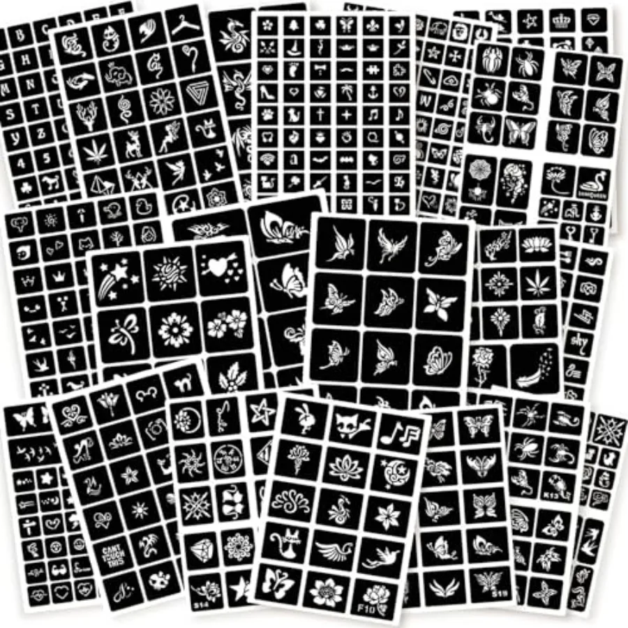 

575pcs Temporary Tattoo Stencils, 20 Sheets Henna Tattoo Stencil Kit for Women Man Face Body Paint DIY Art Reusable Glitter Tat