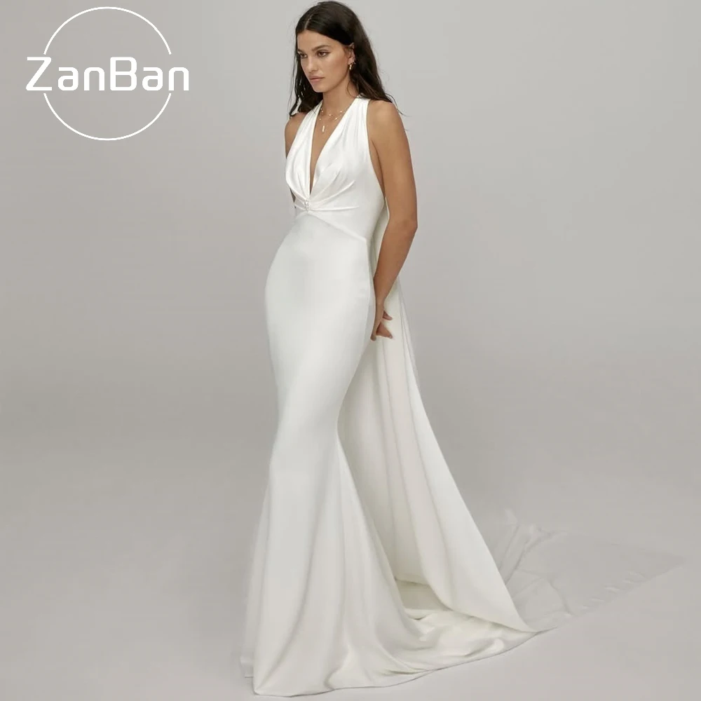 ZanBan Customised 2026 New Lvory Halter Satin Pearl Mermaid Wedding Dress Pleat Floor Length Saudi Arab Bridal Gown Court Train