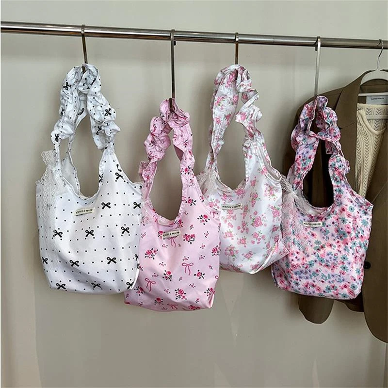 

Cute Sweet Floral Bow Lace Shoulder Bag Girl Tote Bag High Capacity Women Fashion Crossbody Bag Travel Portable Storage Bag Gift