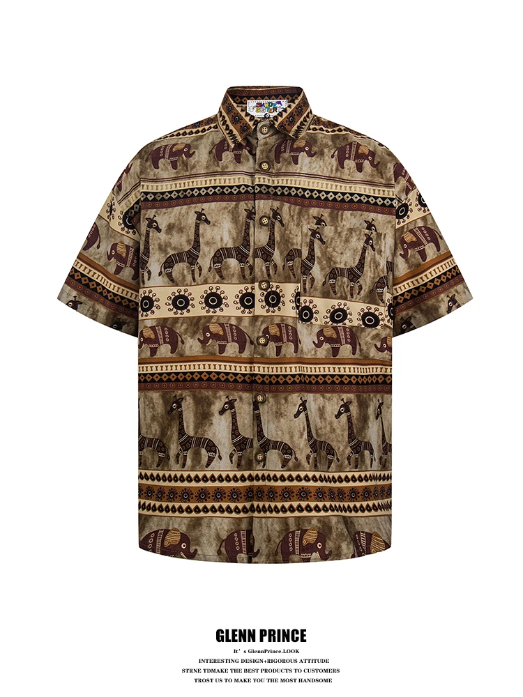 

GPstudio Vintage Ethnic Style Elephant Print Ice Silk Short Sleeve Men's Loose Summer Hawaiian Shirt Polyester No Ironing Req...