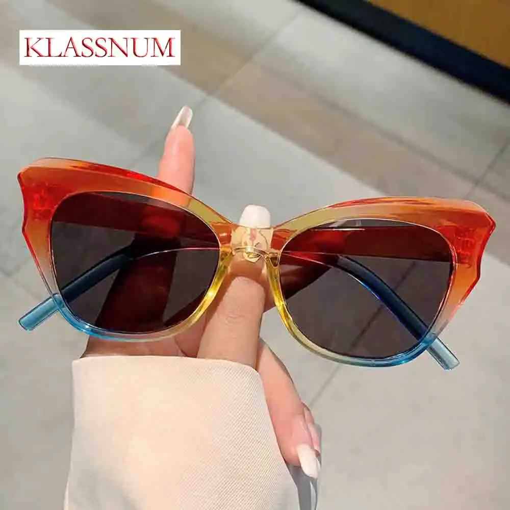 KLASSNUM Spliced Color Cat's Eye Sunglasses Women Fashion colour Lens Pink Blue UV400 Butterfly Frame Sunshade Commuting Use