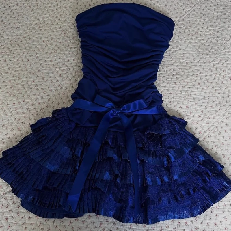 オリジナルレトロ新婦人服 2025 夏ブルーボウチューブトップドレスセクシーな気質ウエスト薄い A ラインショートドレスレディース