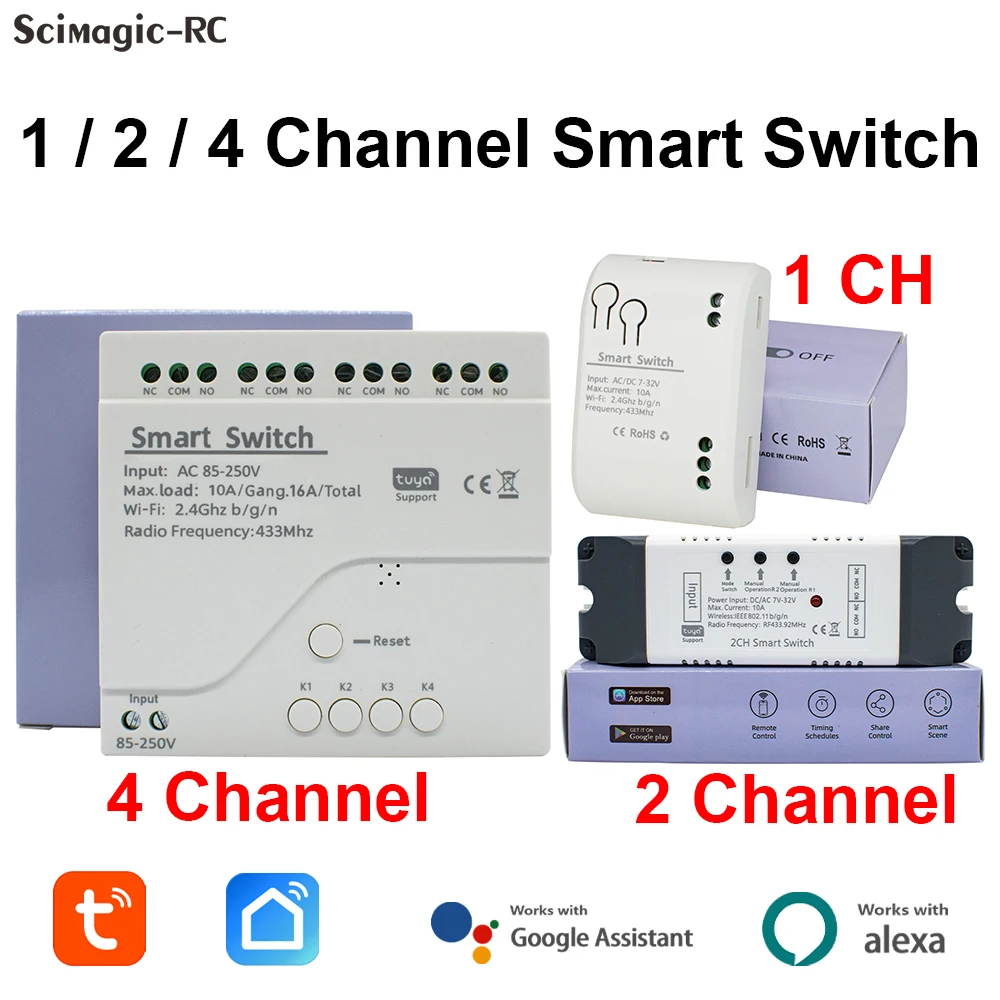 1/2/4 Channel TUYA WiFi Smart Switch Light /Garage Door Controller 12V 24V 110V 220V RF433 Receiver Work with Alexa Google Home