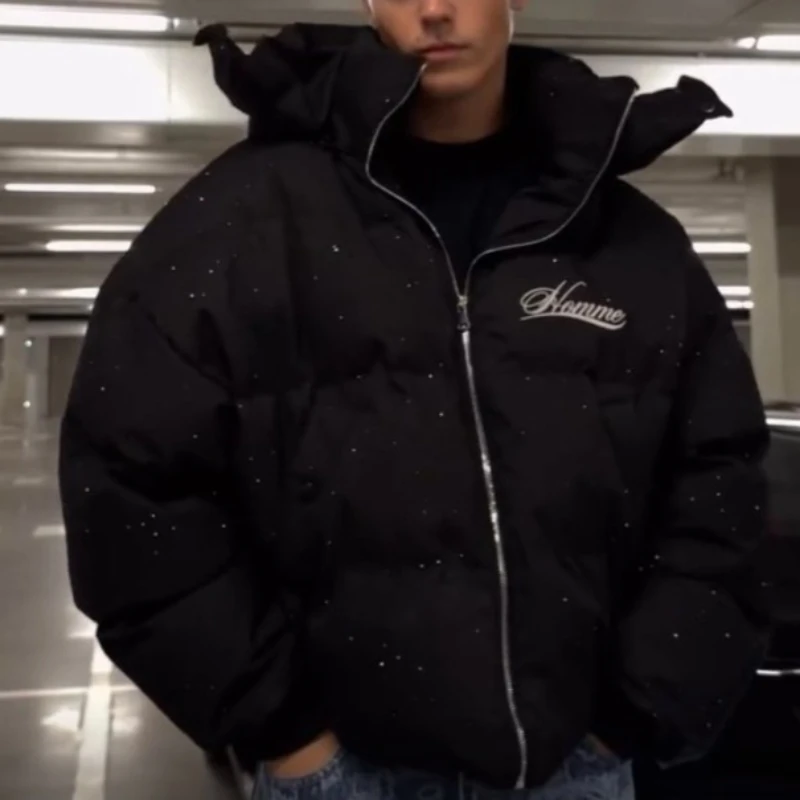 Harajuku الشتاء الرجال سترة مبطنة سميكة معطف دافئ النمط الأمريكي الرجعية زمم ملابس خارجية ملابس الشارع الشهير موضة الاتجاه الجديد