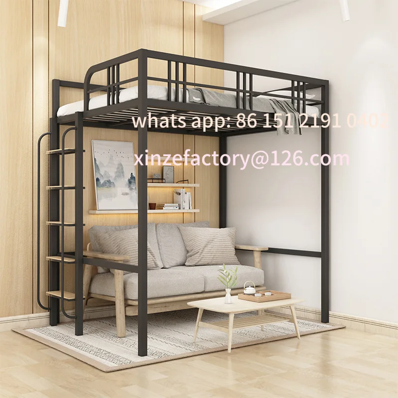 

Customizable Nordic wrought iron elevated bed empty small apartment building space saving double loft bed doubl