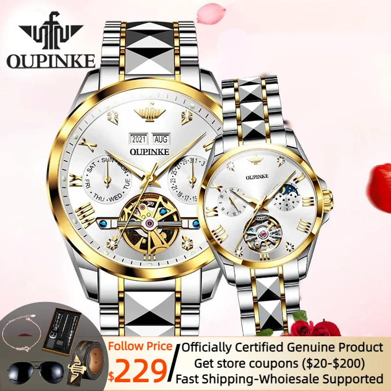 

OUPINKE Couple Watch Automatic Mechanical Watches Genuine Lover Wristwatches for Men and Women Luxury Gifts His Hers Watch Set