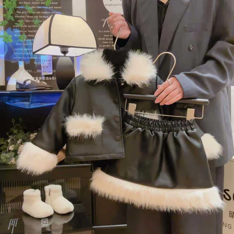 

New Fashionable Girls' Quilted Patchwork Furry Coat and Skirt Two-Piece Set Leather Jacket Children's Autumn Winter New Outfit