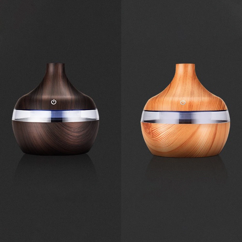 300ml 2W Air Humidifier Aromatherapy Essential Oil Diffuser Wood Grain  Remote Control 7 Color Lights For Home Bedroom