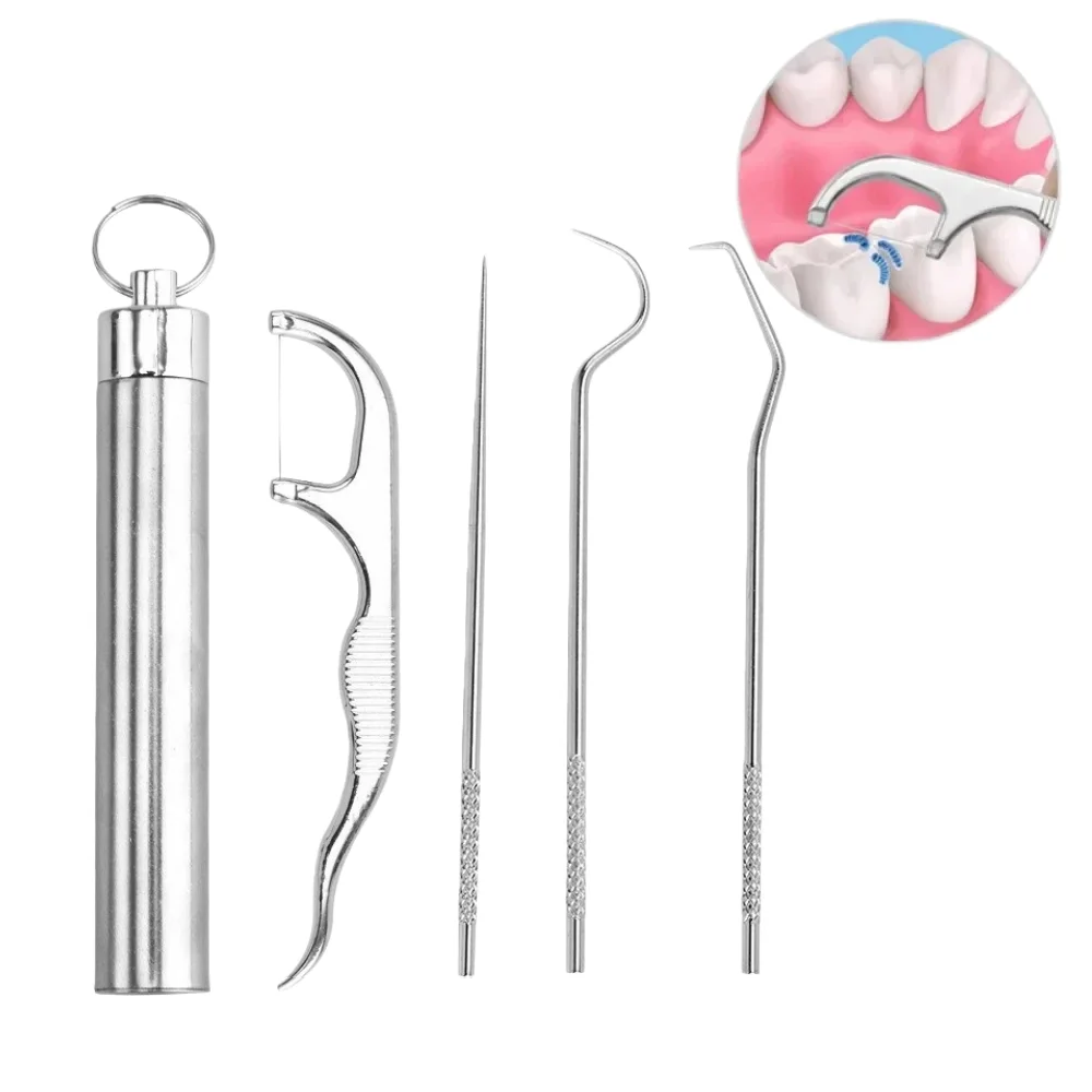 

4Pcs Stainless Steel Dental Floss Tooth Cleaning Toothpick Remover Tartar Reusable Portable Oral Hygiene Tools Oral Care Kit