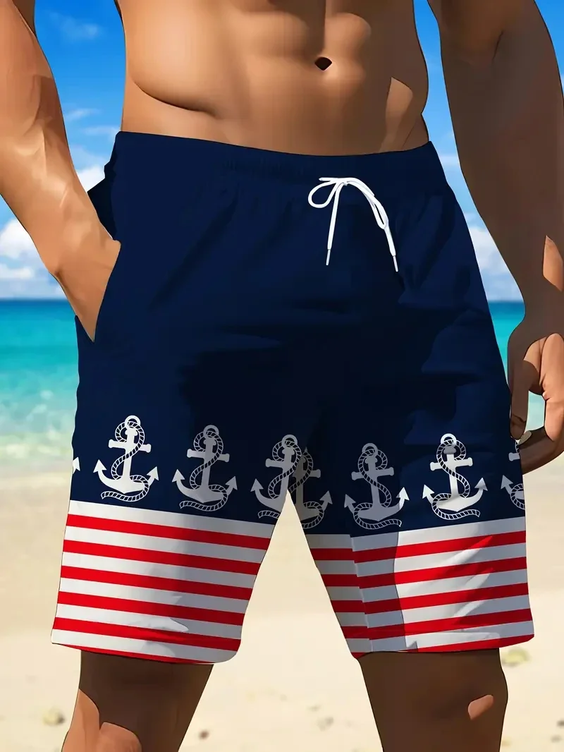 2026 New Trendy Men's Anchor-Print Beach Shorts Summer Style 3D-Printed Swim Trunks Y2K Aesthetic Quick-Drying Breathable