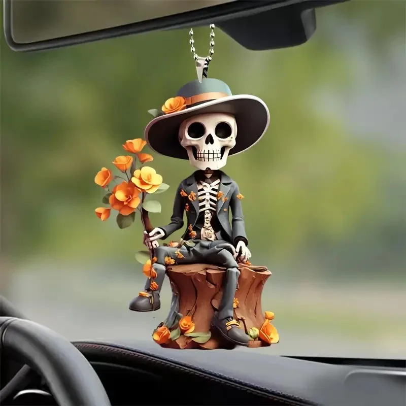 Flat Skeleton Car Hanging Ornament Halloween Rearview Mirror Pendant Festival Auto Interior Decor