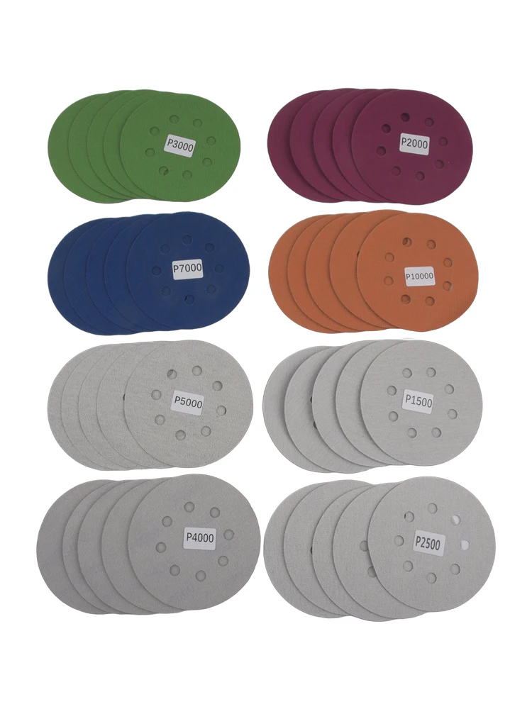

40 шт., 5-дюймовая шлифовальная бумага, шлифовальные диски, 8 отверстий, крючок и петля, зернистость 1500–10000, диск наждачной бумаги для шлифовальной машины, набор инструментов для полировки