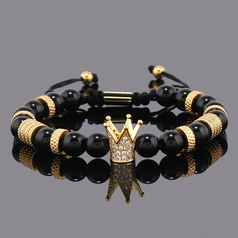 

Luxury Natural Stone Beads Stainless Steel Crown Charms Man Bracelet Women Hand Jewelry Gift