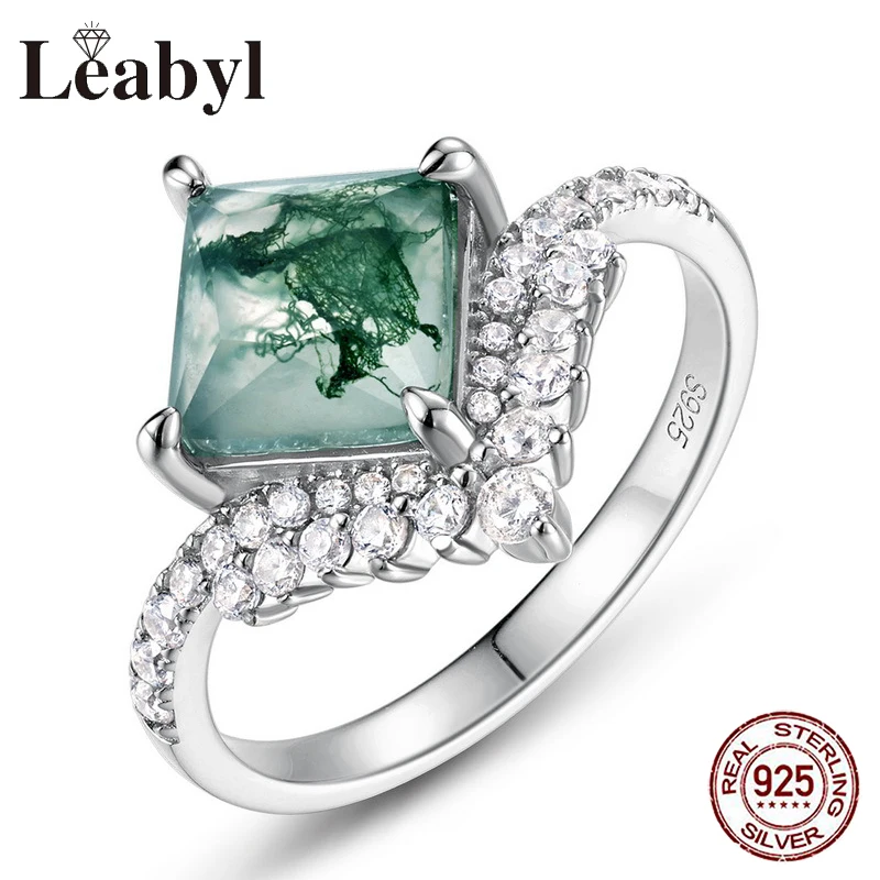 

Geometric Princess Square Water Grass Agate Stone S925 Silver Rings Inlaid Colorful Treasure Retro Finger Ring for Women Gift