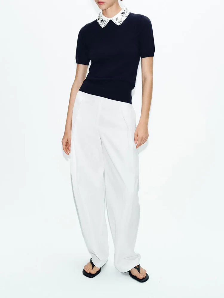 

Summer 2026 New Women's Fashion Short Sleeve Turn-down Collar Bead Embellished Knitted Sweater Versatile All-match 8851006 401