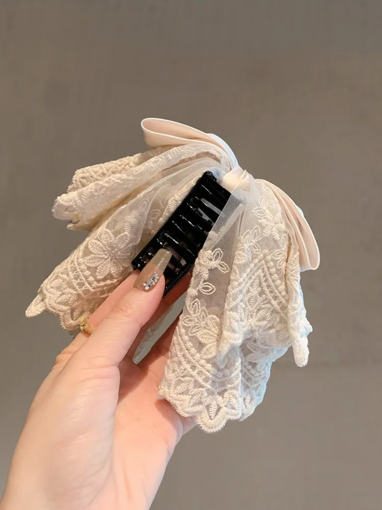 French Elegant Ballet Style Lace Satin Bow Ponytail Hair Clip, Gentle And Sweet Shark Clip Hair Ornament On The Back Of Head