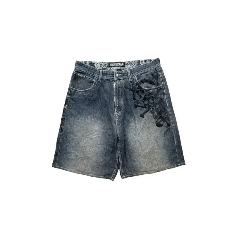 Shorts en denim surdimensionnés pour hommes et femmes, pantalons à jambes larges, impression tête de mort lavée, rue américaine, rétro, hip hop, gothique, punk, nouveau, Y2K