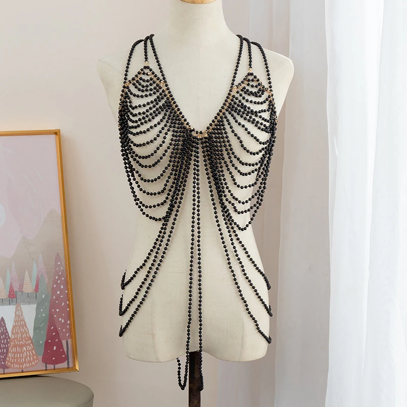 

Europe and the United States new sexy woven fringe pearl sweater chain French retro multi-layer imitation pearl body chain