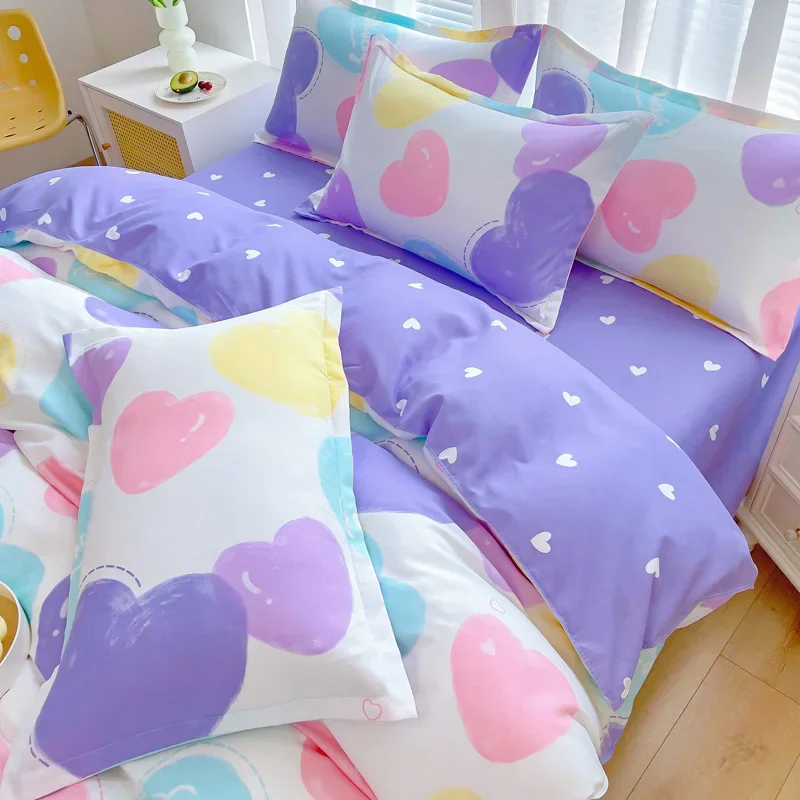 Colorful Love Heart Duvet Cover Queen Thickened Soft 3 Pcs Bedding Sets, Kawaii Reversible Comforter Cover Set for Bedroom Decor