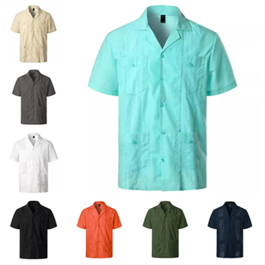 

2025 New Summer Men's Guayabera Shirts Men Four Pockets Embroidered Short Sleeve Shirt Green Mexican Cuban Button Shirt Man