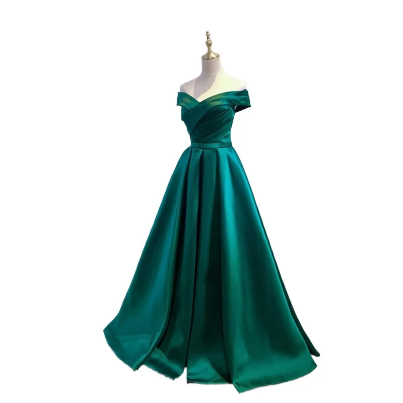 

Elegant Classic Ruched Off Shoulder Satin Long Formal Evening Party Dress Green