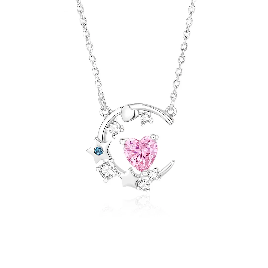 

S925 Серебряная цепочка на ключицу со звездой и луной в сердце, оригинальный дизайн, розовый циркон «Любовь» для женщин/девочек, трансграничный подарок